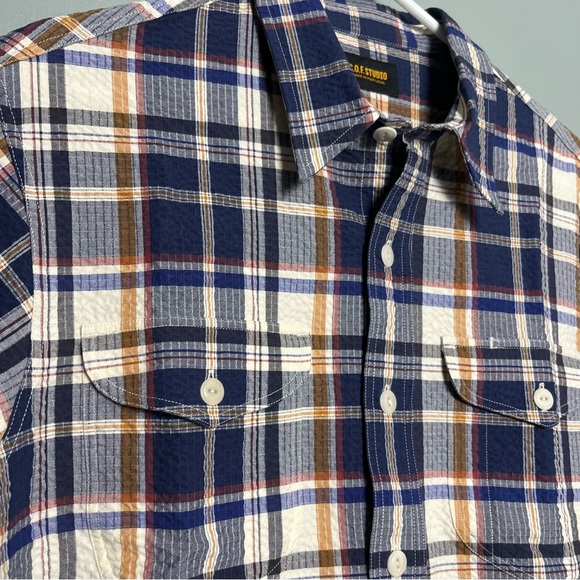 NWT C.O.F. Studio Seersucker Plaid Post Man Shirt Dark Blue Men’s Size M - Picture 5 of 8